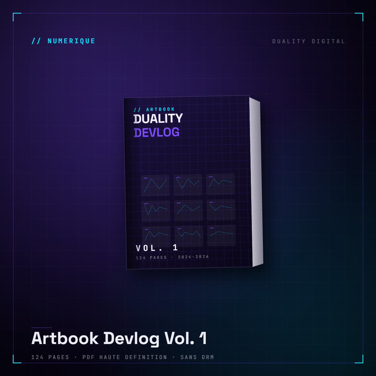 Couverture de l'artbook numérique Duality Devlog Vol. 1, planche contact de recherches sur fond violet