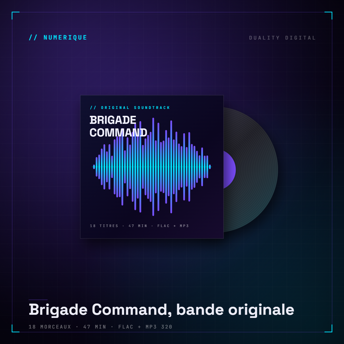 Pochette de la bande originale de Brigade Command : forme d'onde cyan et violette, vinyle en arrière-plan