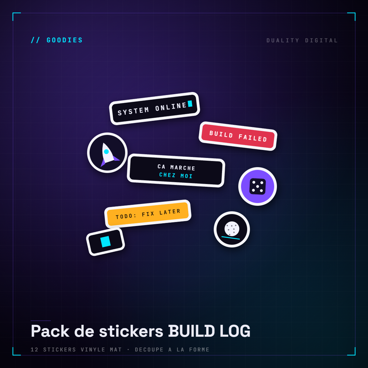 Pack de stickers vinyle Duality Digital : SYSTEM ONLINE, BUILD FAILED, TODO fix later, fusée, dé et balle de golf