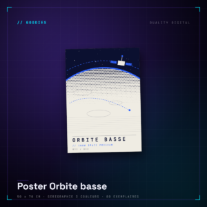Poster sérigraphié Orbite basse : limbe planétaire en trame, satellite et orbite pointillée, tiré de Snow Space Program