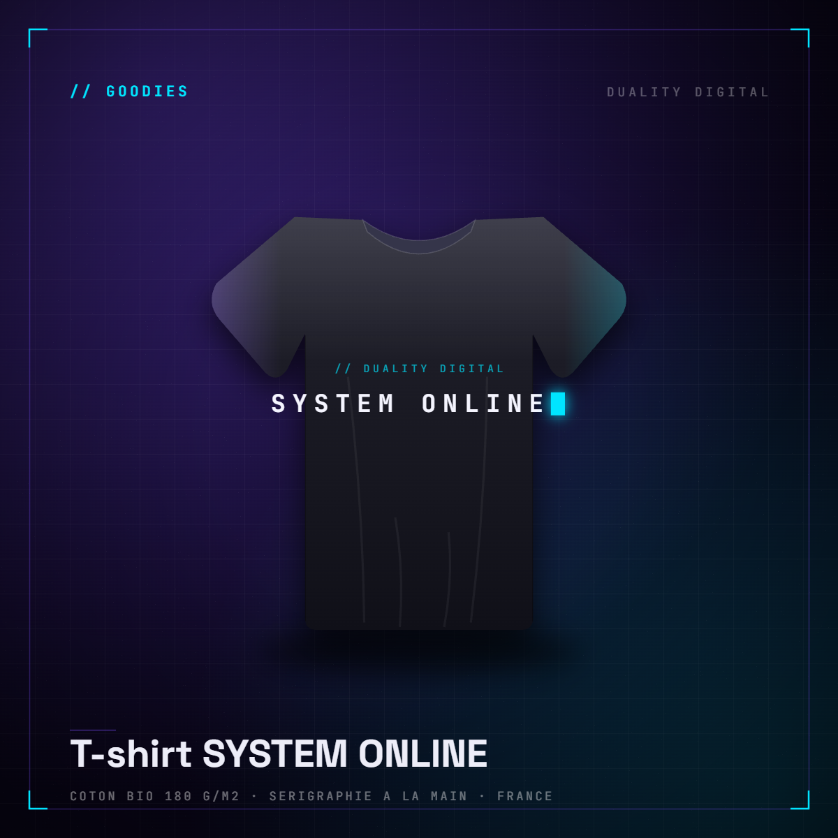 T-shirt noir Duality Digital sérigraphié SYSTEM ONLINE en typographie terminal, avec curseur cyan